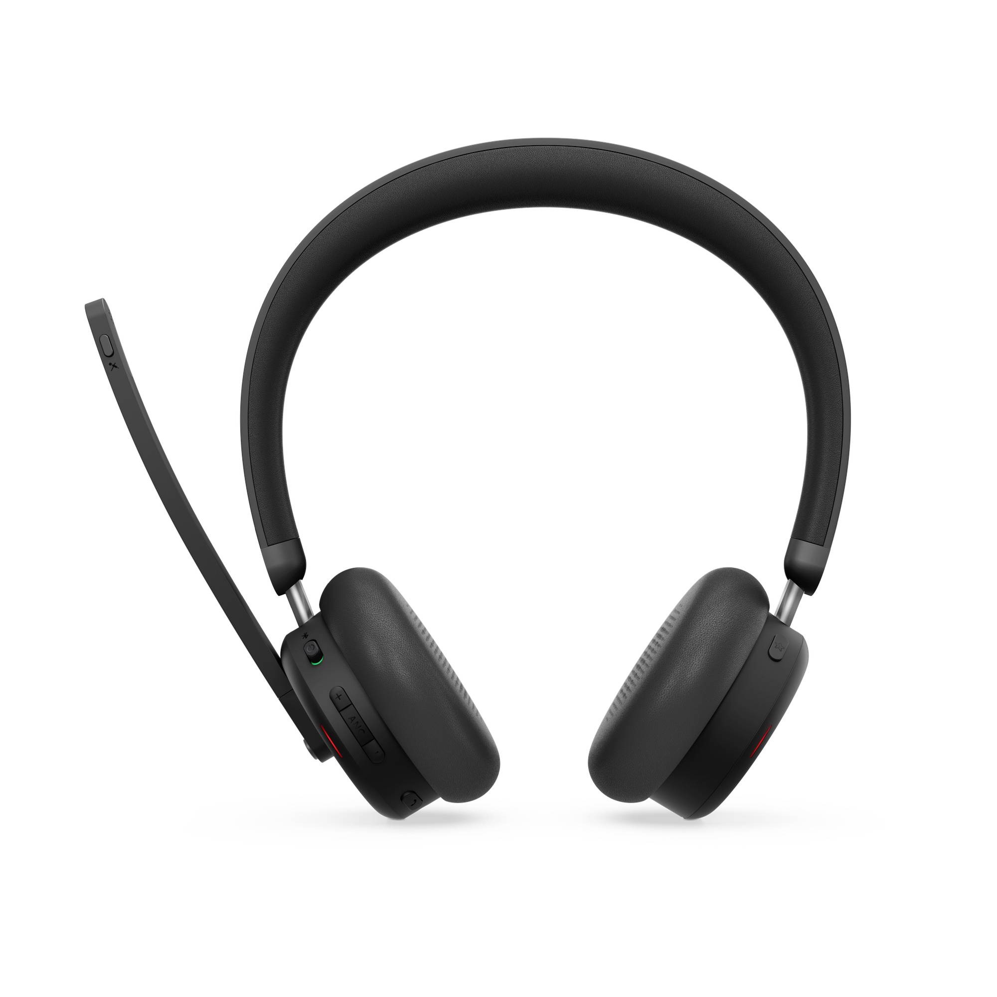 Ein schwarzes kabelloses Over-Ear-Headset mit Boom-Mikrofon wird vor weißem Hintergrund präsentiert und zeigt sein elegantes Design.