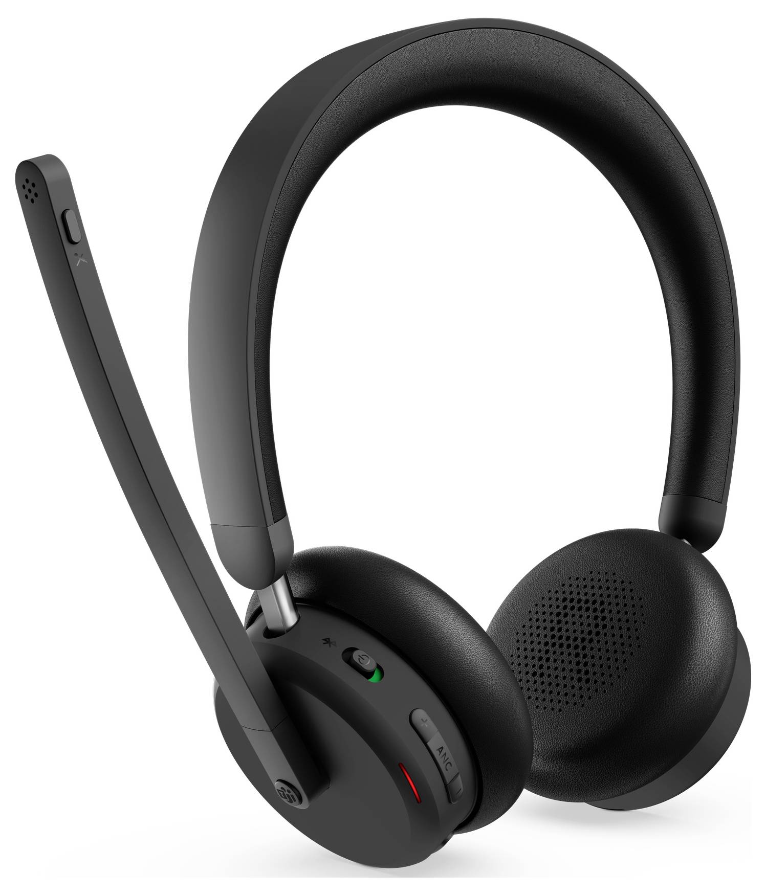 Bluetooth-Headset mit Mikrofonausleger, mit gepolsterten Ohrmuscheln und Steuertasten an der Seite für Lautstärke- und Anrufverwaltung.