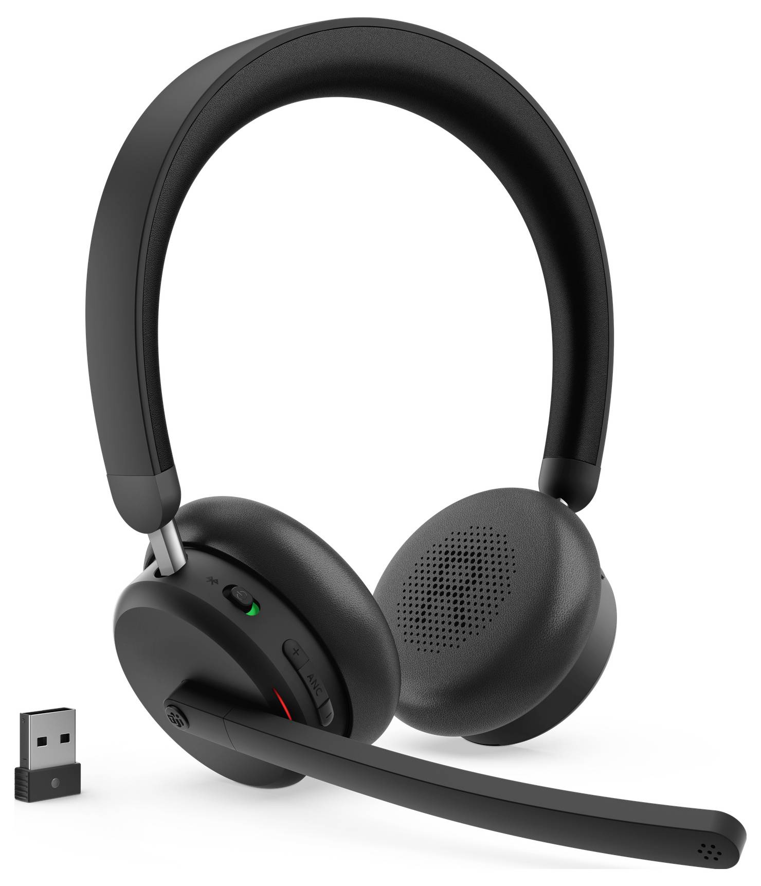 Kopfhörer mit gepolsterten schwarzen Ohrmuscheln, flexiblem Boom-Mikrofon und kleinem USB-Dongle für kabellose Verbindung.