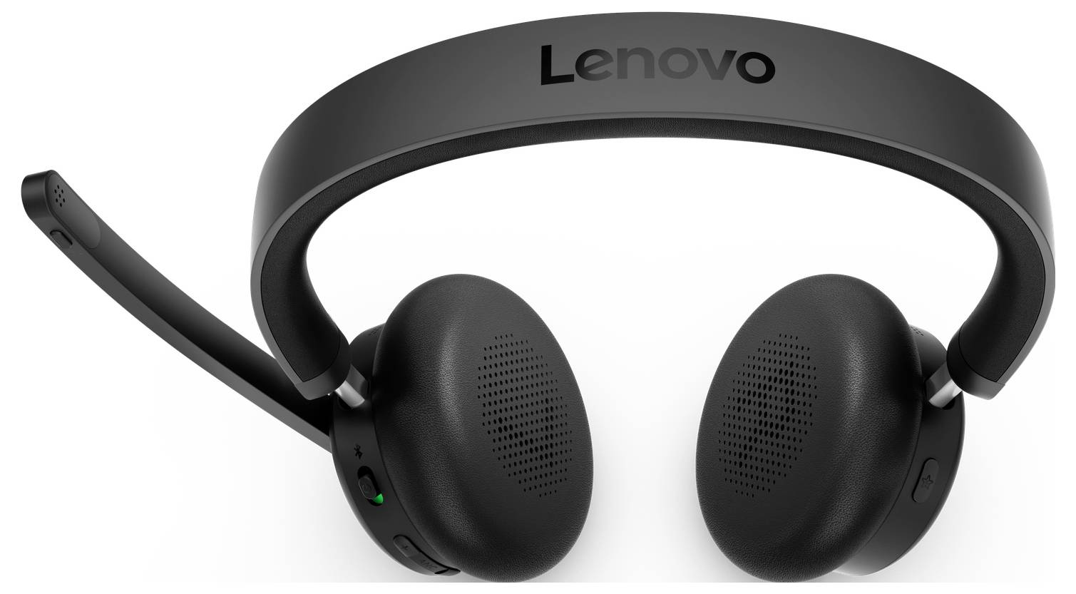 Schwarze Lenovo-Over-Ear-Kopfhörer mit Mikrofonausleger, ausgestattet mit gepolsterten Ohrmuscheln und einem verstellbaren Kopfbügel.