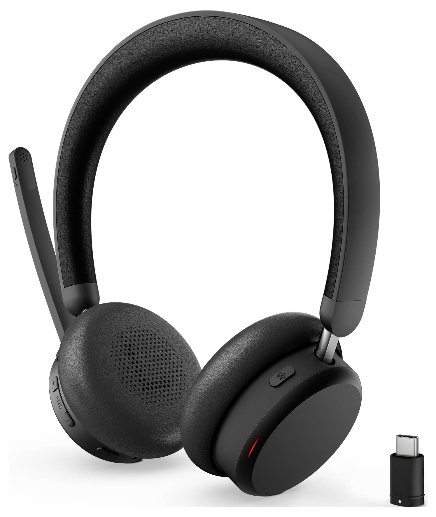 Ein schwarzes kabelloses Over-Ear-Headset mit Mikrofon wird zusammen mit einem kleinen USB-C-Dongle gezeigt, was auf Bluetooth-Konnektivität hindeutet.