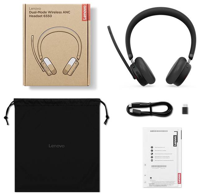 'Lenovo Dual-Mode Wireless ANC Kopfhörer 6550' mit Verpackung, Kopfhörer, USB-Kabel, kabellosem Dongle, Benutzerhandbuch und Trageetui.