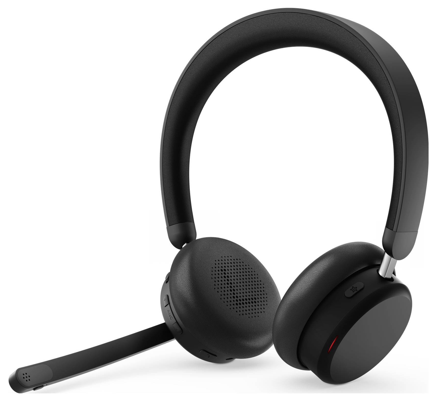 Schwarze kabellose Over-Ear-Kopfhörer mit eingebautem Mikrofon auf der linken Ohrmuschel, mit elegantem, minimalem Design.