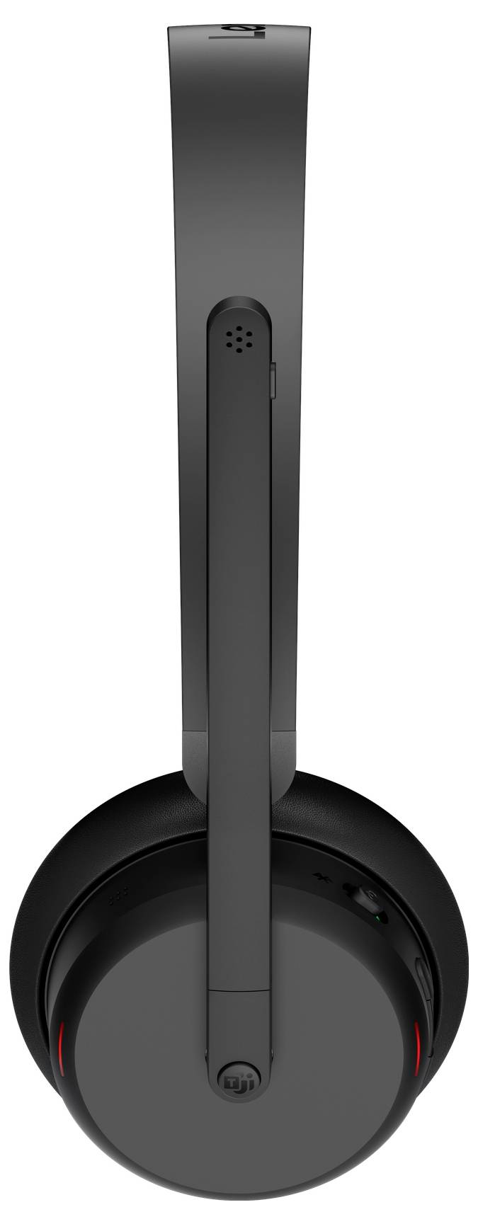 Elegante schwarze Kopfhörer mit gepolsterten Ohrmuscheln, verstellbarem Kopfbügel und eingebautem Mikrofon, von der Seite betrachtet.