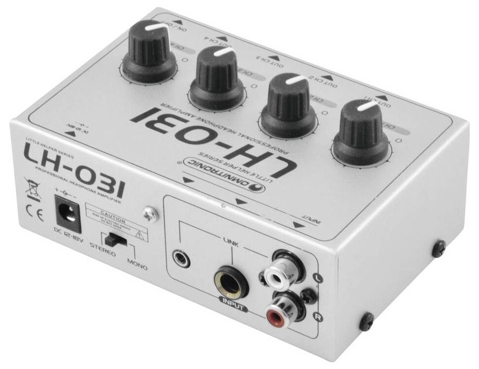 Kompakter Soundmischer mit vier verstellbaren Reglern und gekennzeichneten Ein- und Ausgangsbuchsen, wird für Audiokontrolle und Verbindung in musikalischen Setups verwendet.