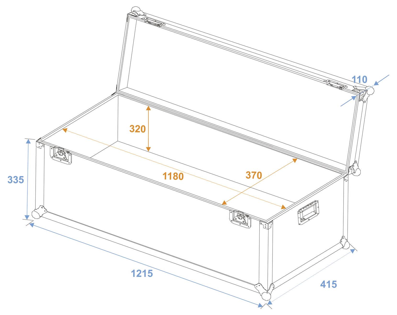 Offener Stauraum, Abmessungen in Millimetern gekennzeichnet: 1215 Länge, 415 Breite, 335 Höhe. Innere Abmessungen: 1180 Länge, 370 Breite, 320 Höhe.