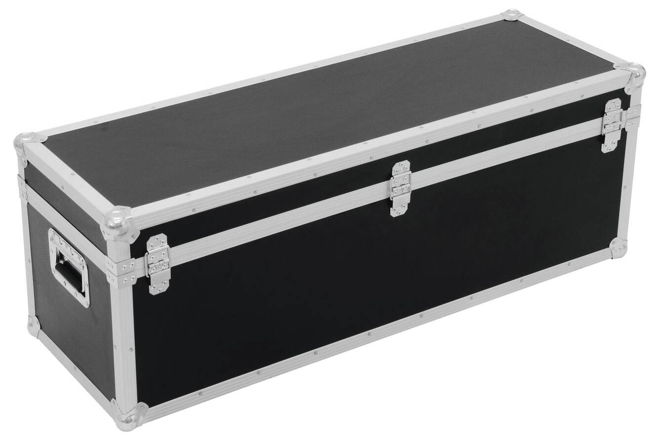 Ein langer, rechteckiger schwarzer Lagerkoffer mit Griffen und Metallkanten, konzipiert zum Transport oder zum Schutz von Ausrüstung.