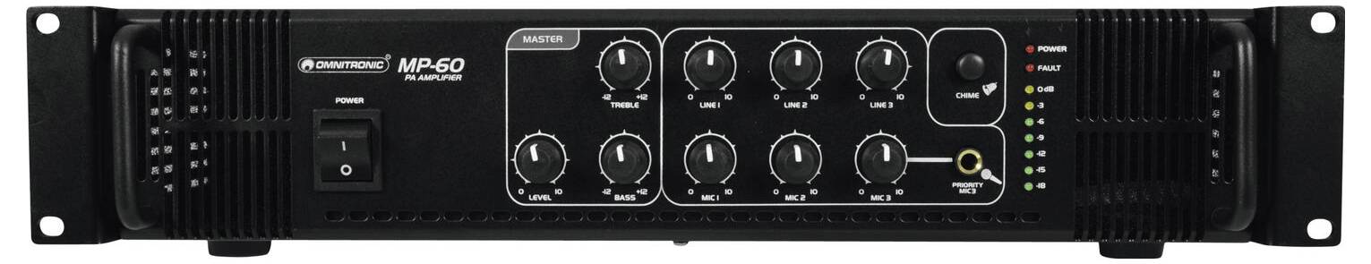 Vorderansicht eines Pyle-Pro MP-60 Mischer-Verstärkers mit mehreren Drehreglern zur Anpassung der Schallpegel, einem Netzschalter und Anzeigelichtern.