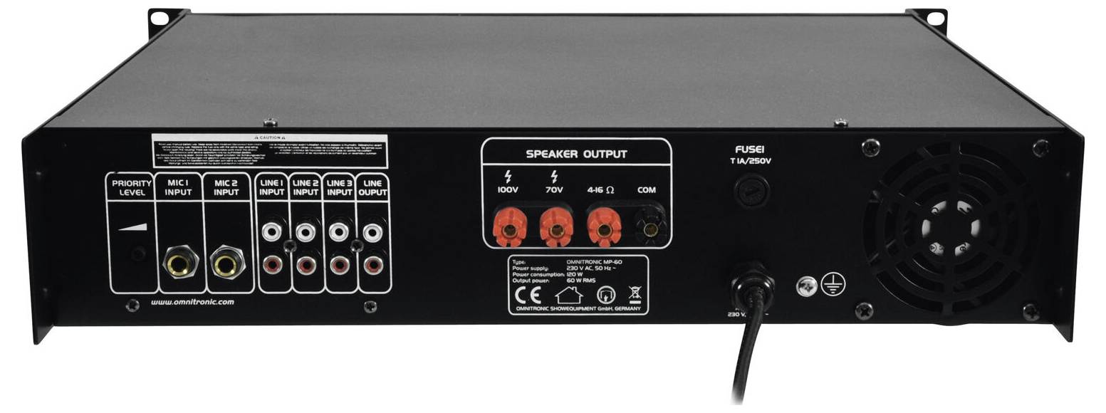 Rückansicht eines Audioverstärkers mit Ein- und Ausgängen, einschließlich Mikrofoneingang, RCA-Buchsen, Lautsprecherausgänge und Sicherungsdetails.