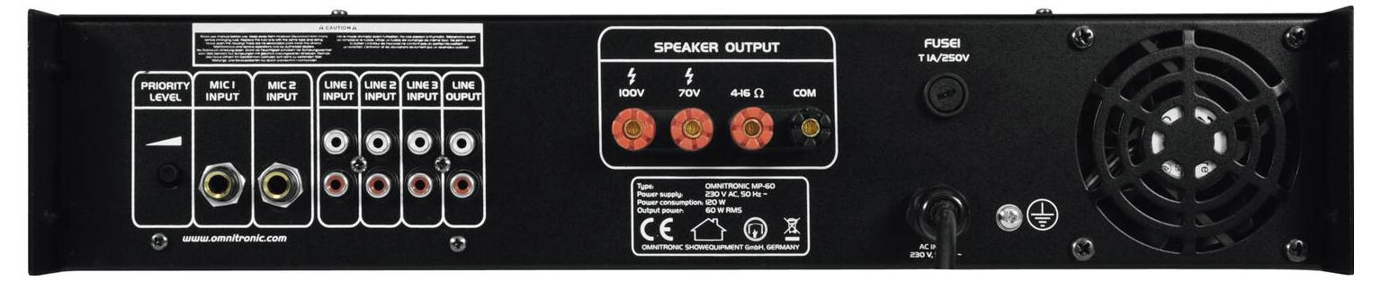 Die Rückseite eines Audio-Verstärkers mit mehreren Ein-/Ausgängen, die für Lautsprecher, Stromversorgung und Audiokanäle gekennzeichnet sind; umfasst einen Lüfter.