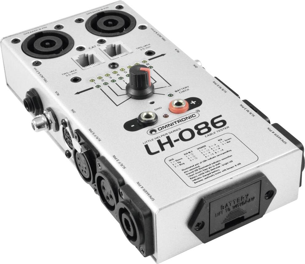 Silbernes Audiokabeltestgerät mit der Bezeichnung „Omnitronic LH-086