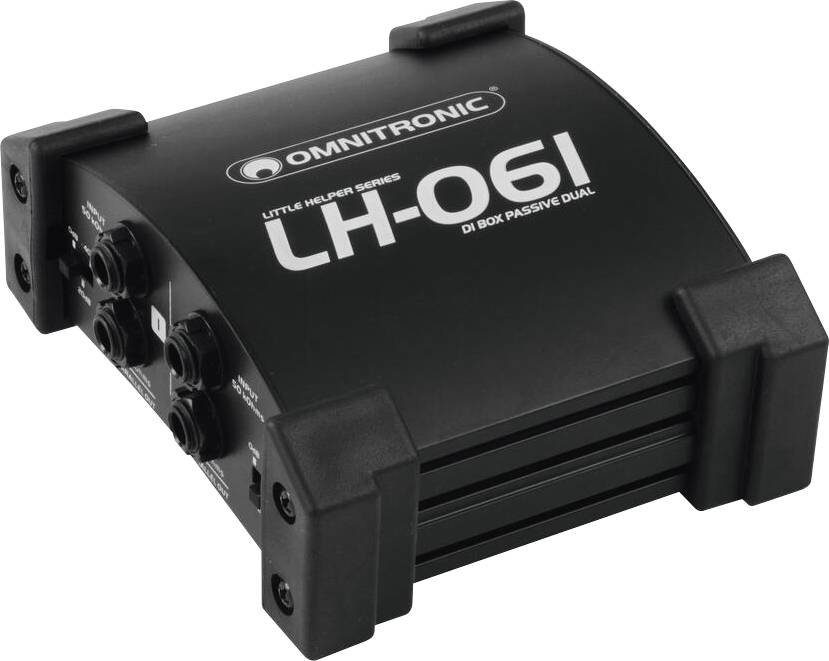 'Omnitronic LH-061 DI Box Passive Dual' mit mehreren Ein- und Ausgängen an der Seite. Schwarzes, kompaktes Audiogeräte.