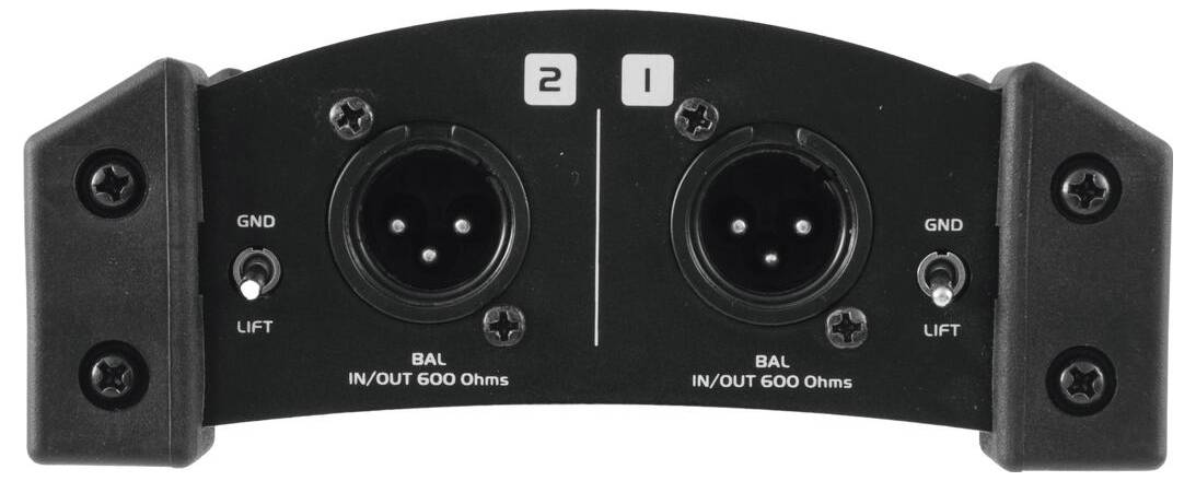 Audioschnittstellen-Panel mit zwei XLR-Eingängen mit den Bezeichnungen 2 und 1, jeweils mit Erdungs- und Lift-Optionen. Symmetrischer Ein-/Ausgang bei 600 Ohm.