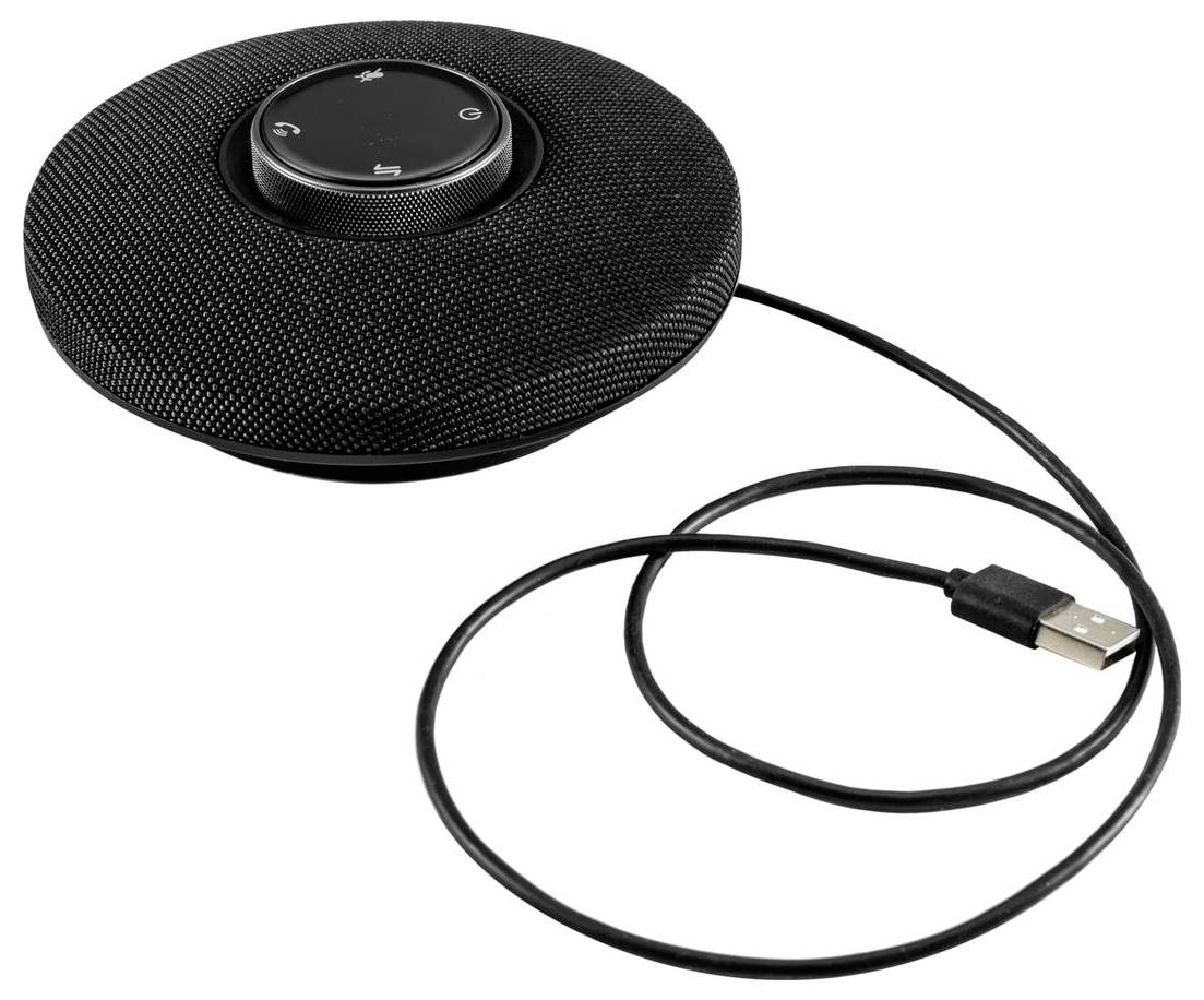 Ein rundes, schwarzes USB-Lautsprechertelefon mit Steuertasten oben und einem angeschlossenen Kabel, das für Konferenzgespräche und Audio-Ein- und Ausgabe verwendet wird.