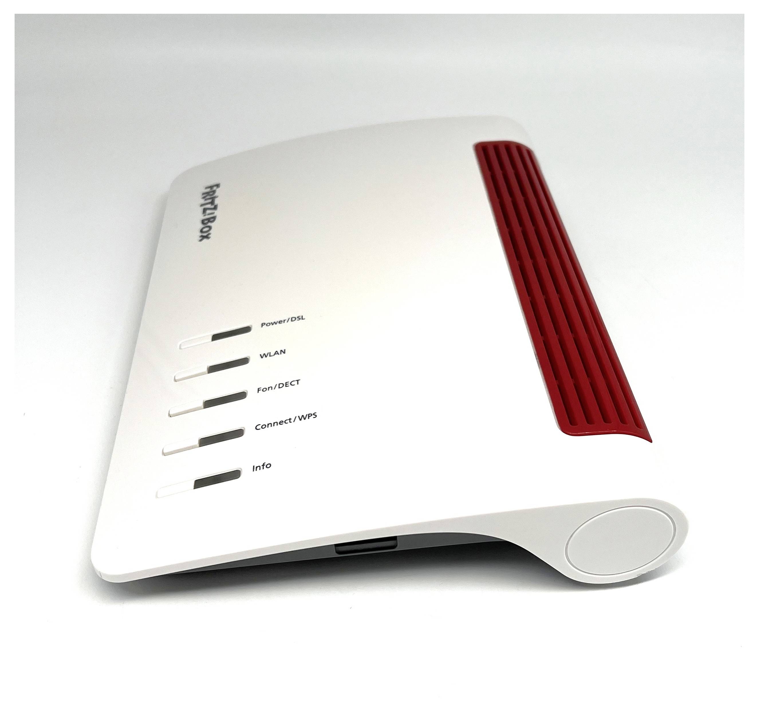 Ein weiß-rot drahtloses Router-Gerät mit Kontrollleuchten für Stromversorgung/DSL, WLAN, Telefon/DECT, Verbindung/WPS und Info, das auf einer Seite geneigt ist.