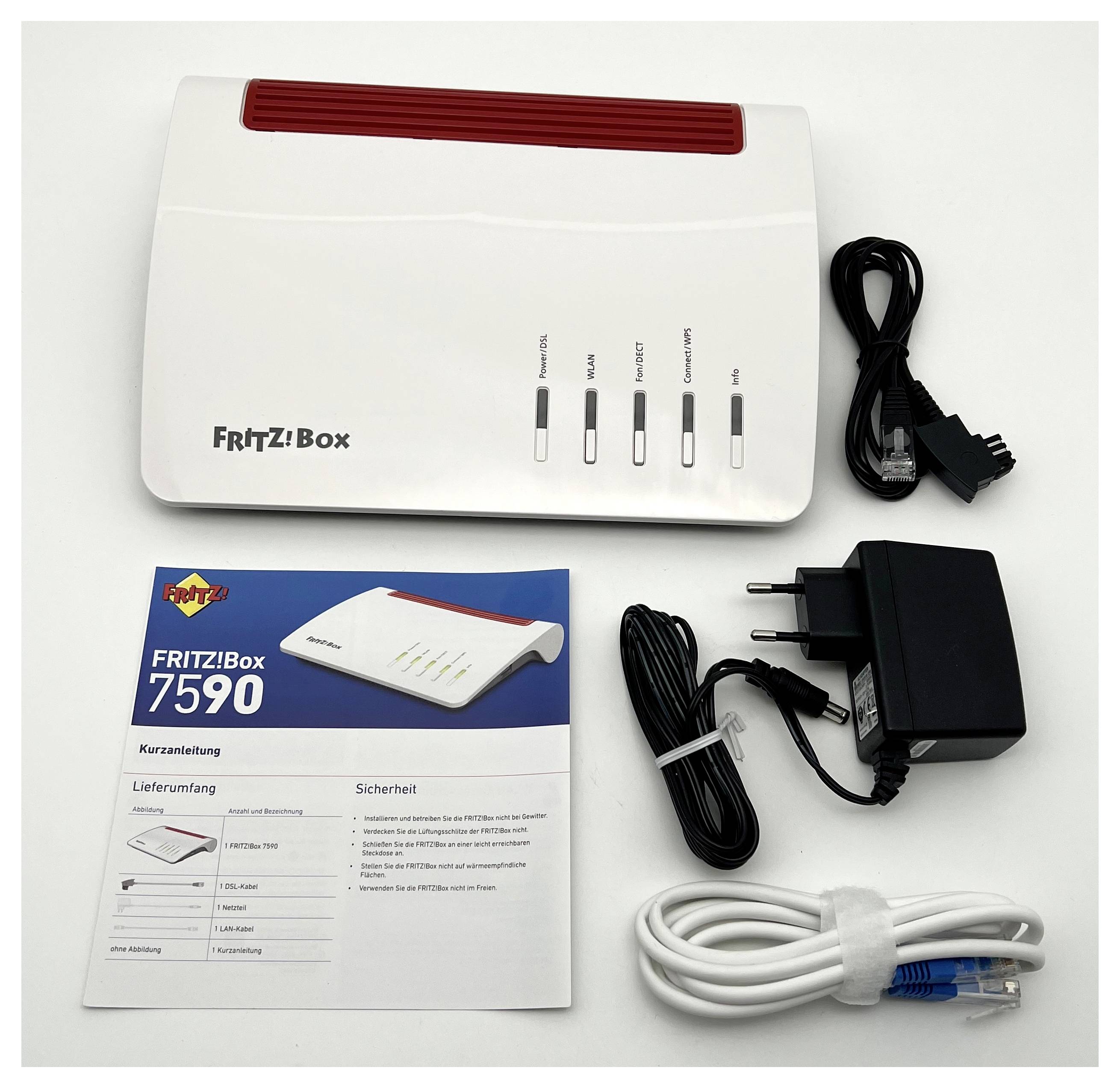 Ein weißer Router mit roten Akzenten, beschriftet mit „FRITZ!Box