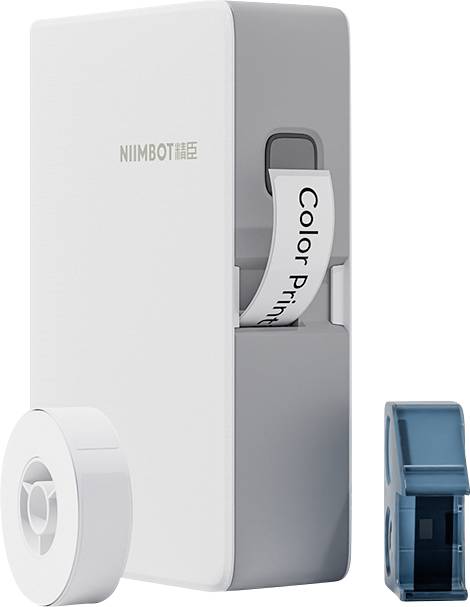 Kompakter NIIMBOT-Etikettendrucker mit einer weißen Etikettenrolle, die zeigt ein gedrucktes „Color Print
