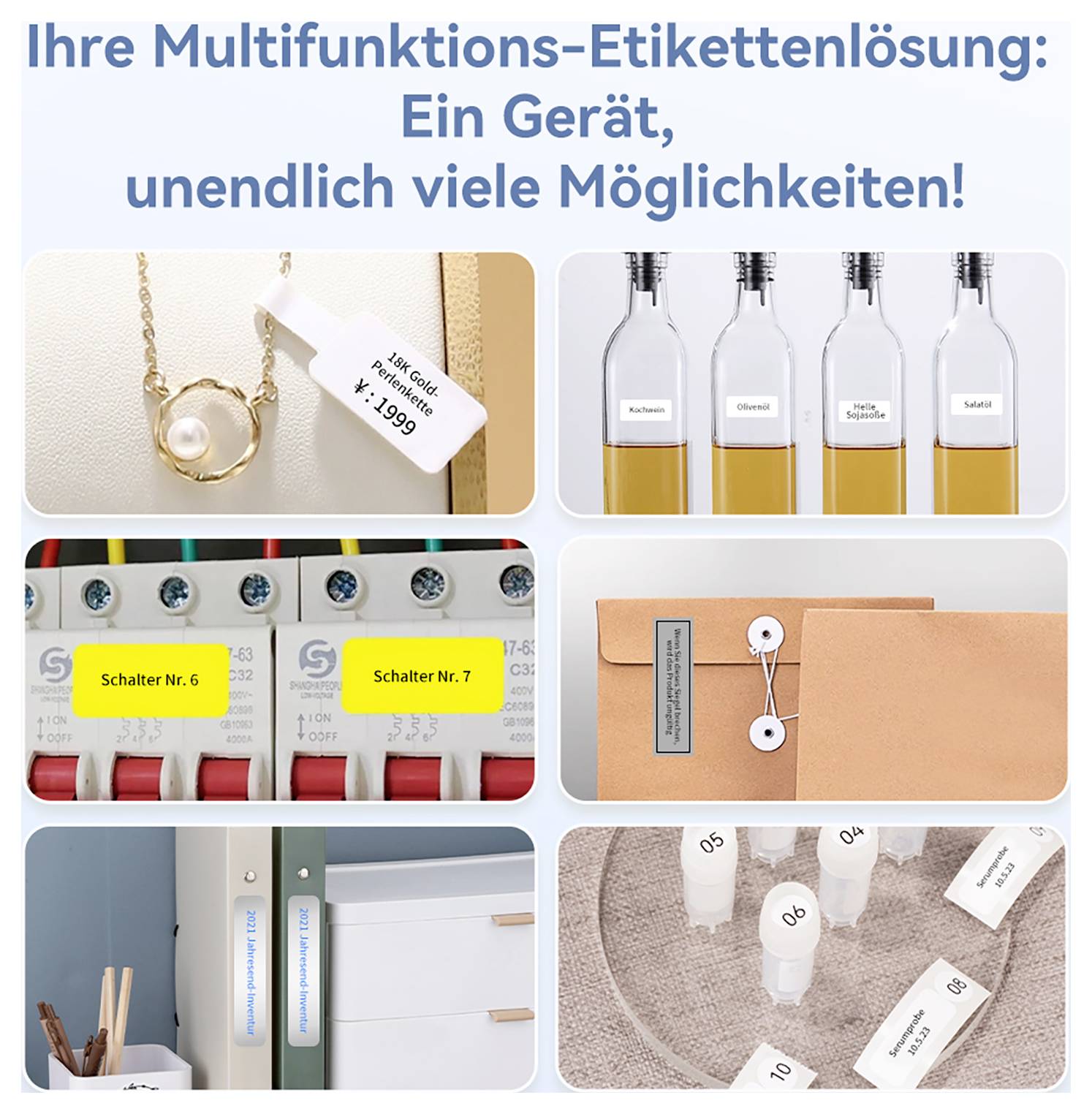 Collage mit einem multifunktionalen Etikettendrucker für Schmuckanhänger, Flaschenaufkleber, Schalteretiketten, Ordner und Lagerbeschriftungen.