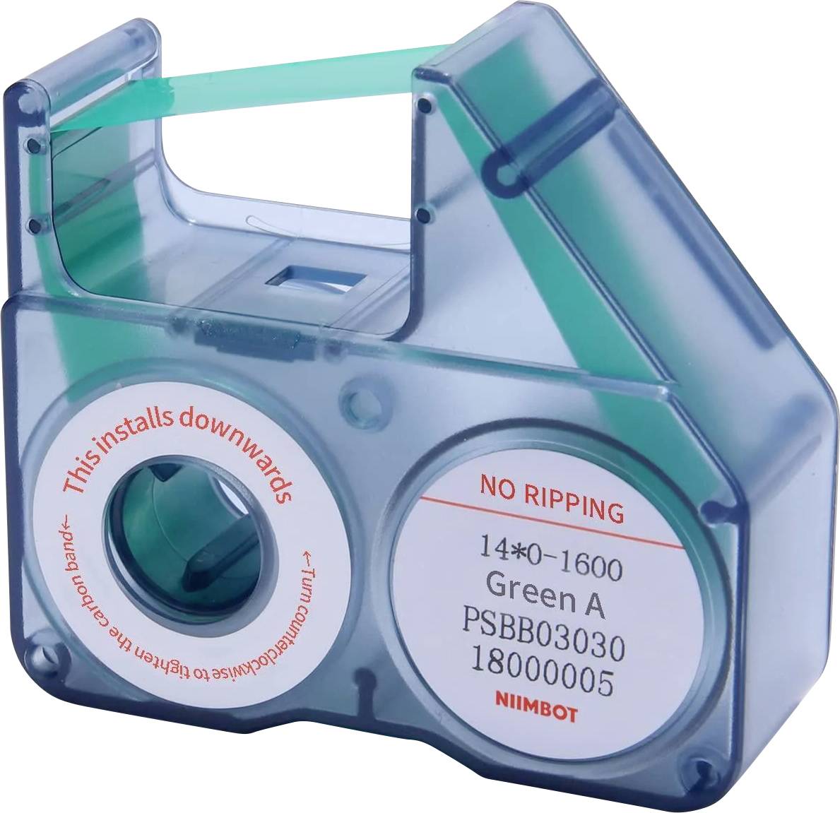 Kassette mit blauem, durchscheinendem Etikettendruckertape mit sichtbarer Bandspule und gedruckten Warnhinweisen, einschließlich „This installs downwards