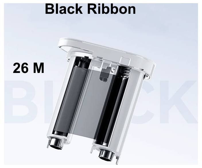 Black ribbon printer cartridge labeled 'Black Ribbon' and '26 M' on a light blue background.