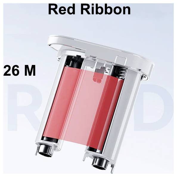 Red Ribbon 26 m ink ribbon cartridge with red ribbon spool inside a clear plastic case.