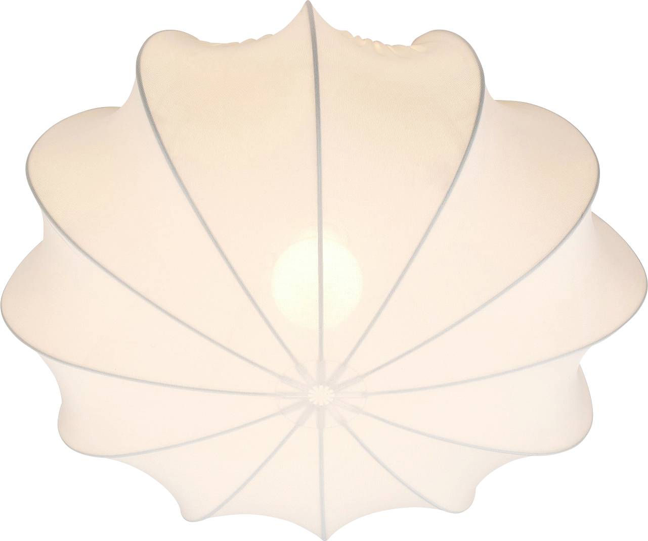 Ein weißes, muschelförmiges Deckenleuchte mit radialen Linien, die vom Mittelpunkt ausgehen und ein sanftes Licht im ganzen Raum erzeugen.