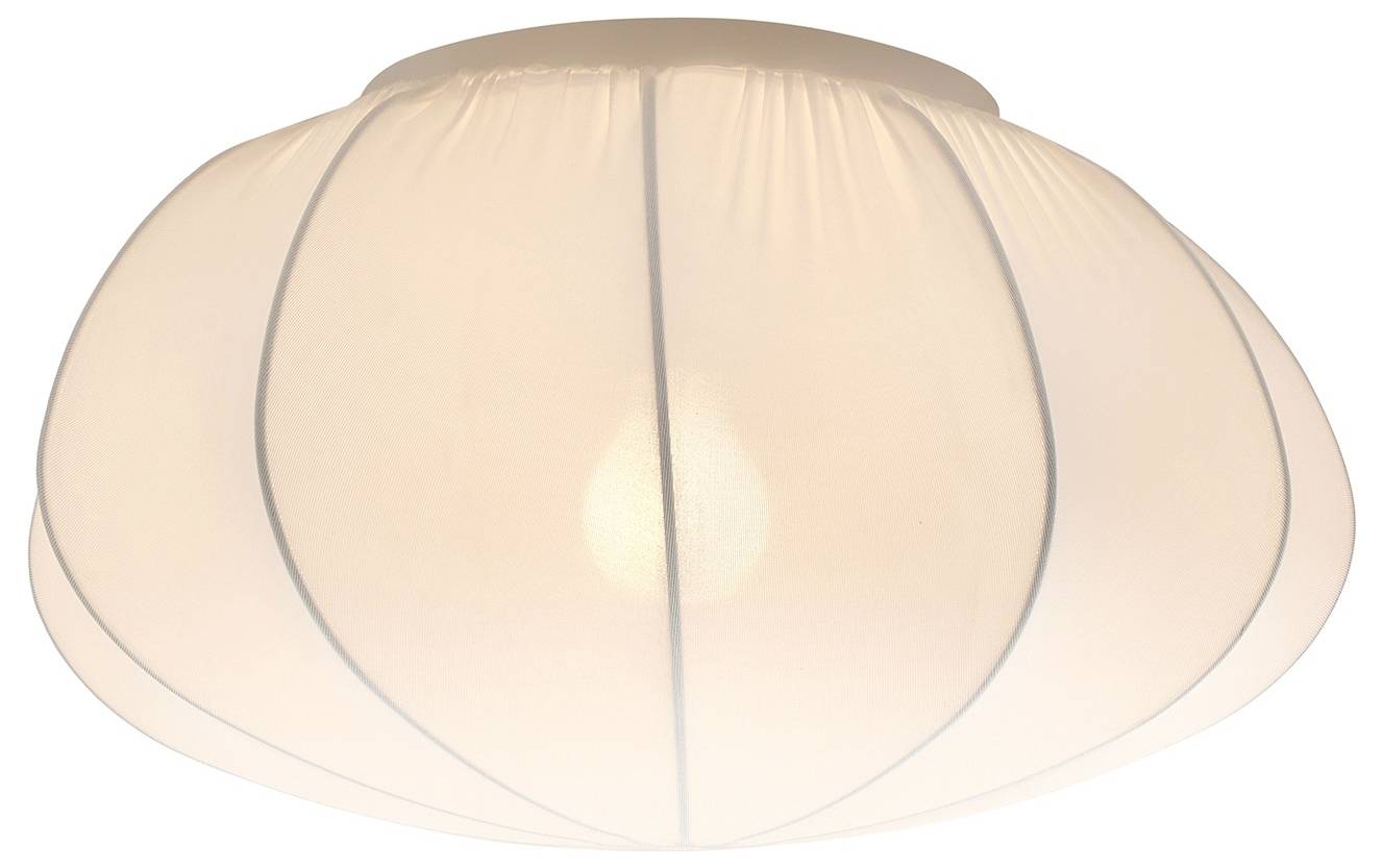 Eine weiche, weiße Deckenleuchte mit rundem, gerilltem Stoffaußenbereich, die diffuses Licht ausstrahlt und eine gemütliche Atmosphäre suggeriert.