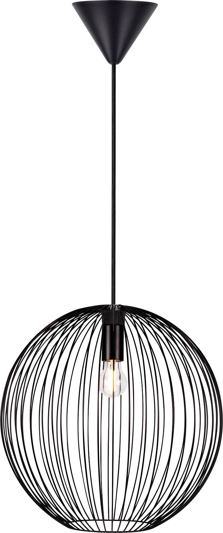 Eine moderne Pendelleuchte mit einem kugelförmigen, schwarzen Drahtgestell-Design, das eine einzelne freigelegte Glühbirne in der Mitte zeigt, hängend von einer Deckenleuchte.