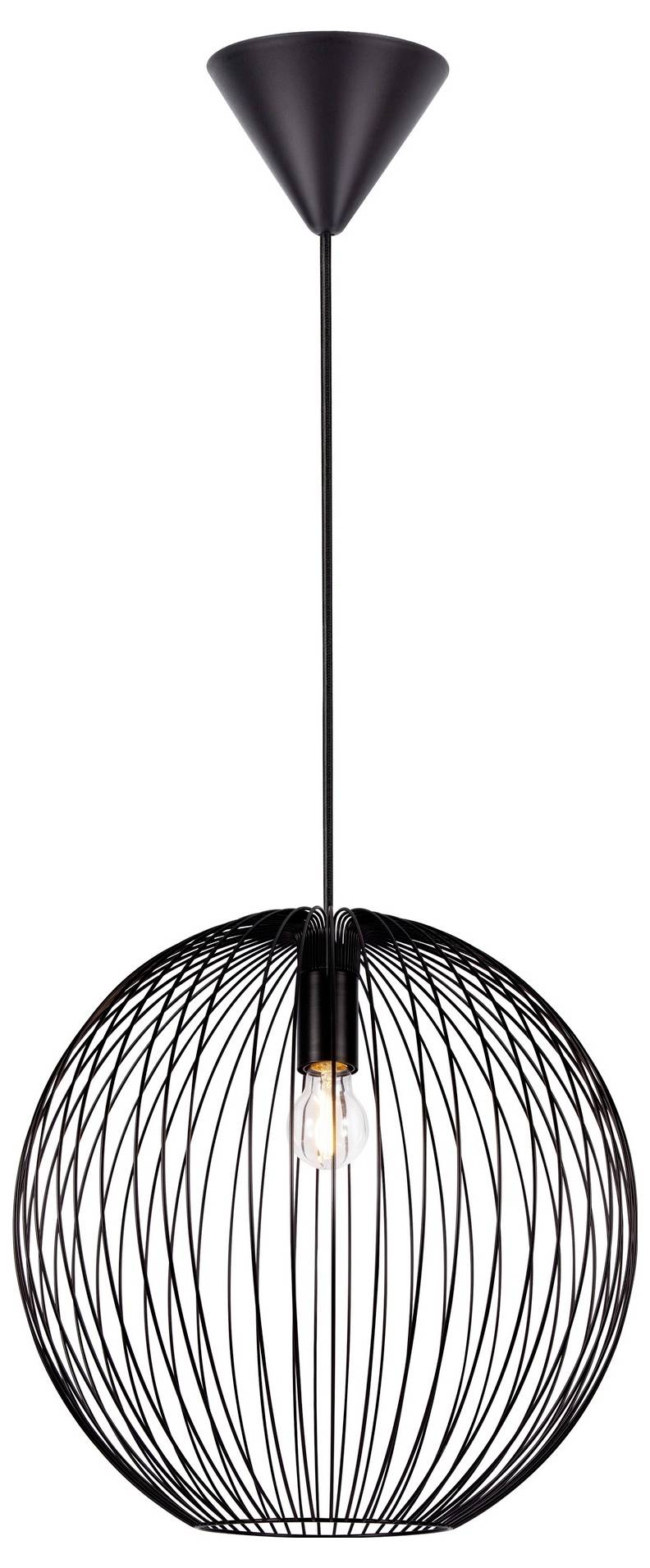 Eine moderne Pendelleuchte aus schwarzem Draht mit kugelförmigem Design und sichtbarem Glühbirne, aufgehängt von einer kegelförmigen Deckenhalterung.