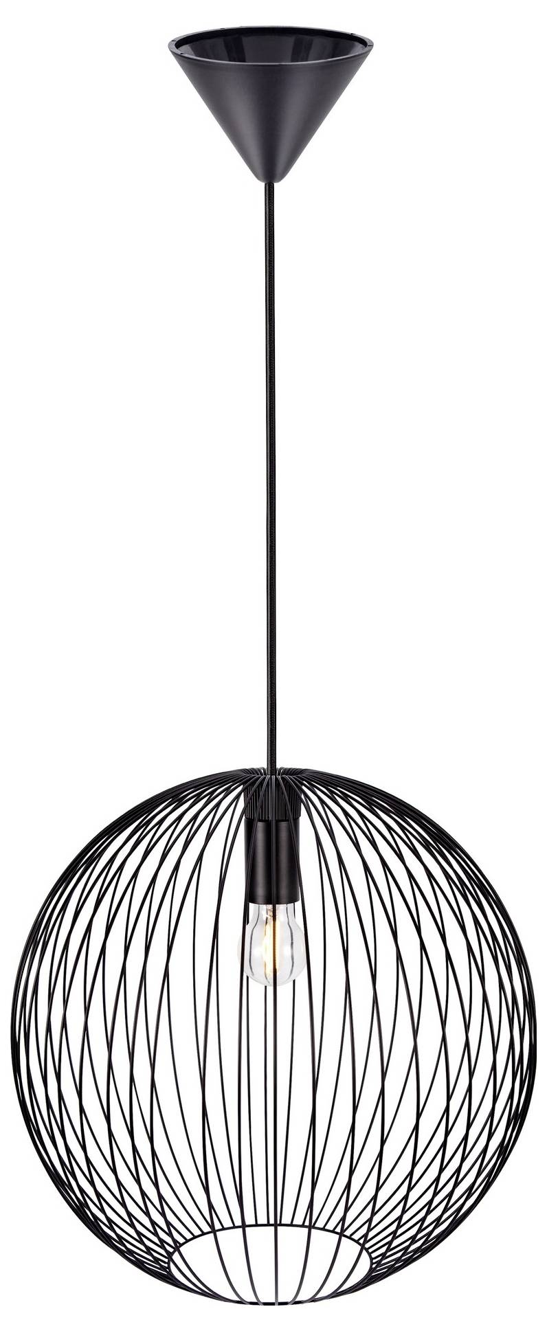 Eine moderne schwarze Metallpendelleuchte mit einem kugelförmigen Drahtgitterdesign, hängend von einem schlanken Stab, die eine einzelne freiliegende Glühbirne umschließt.