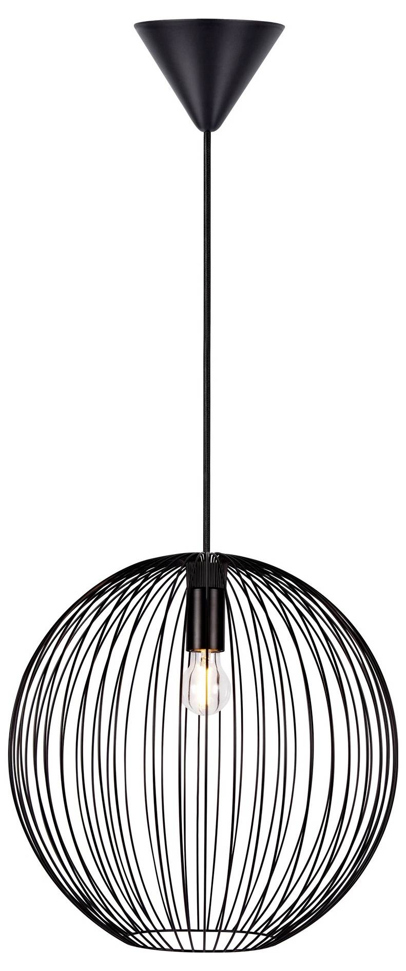 Eine moderne schwarze Draht-Pendelleuchte mit sichtbarem Glühbirne, die von einer Decke hängend befestigt ist.