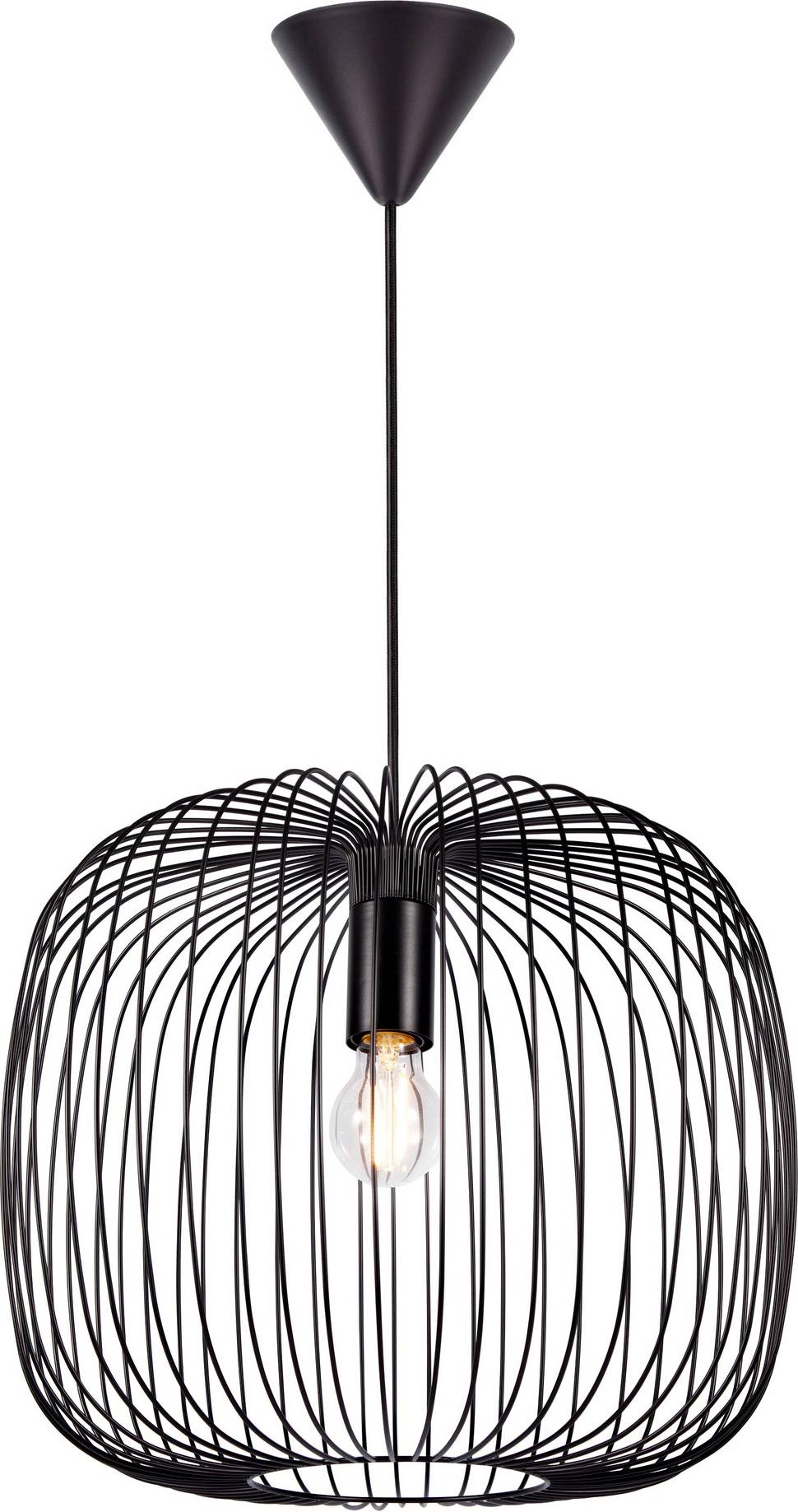 Eine moderne Pendelleuchte mit sphärischem Drahtgestell-Design und einer sichtbaren einzelnen Glühbirne im Inneren, die an einem schwarzen Kabel hängend angebracht ist.