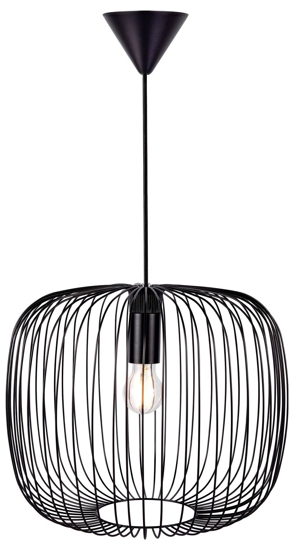 Eine schwarze Drahtpendelleuchte hängt von der Decke herab mit einer freigelegten Glühbirne in der Mitte und zeigt ein modernes, minimalistisches Design.