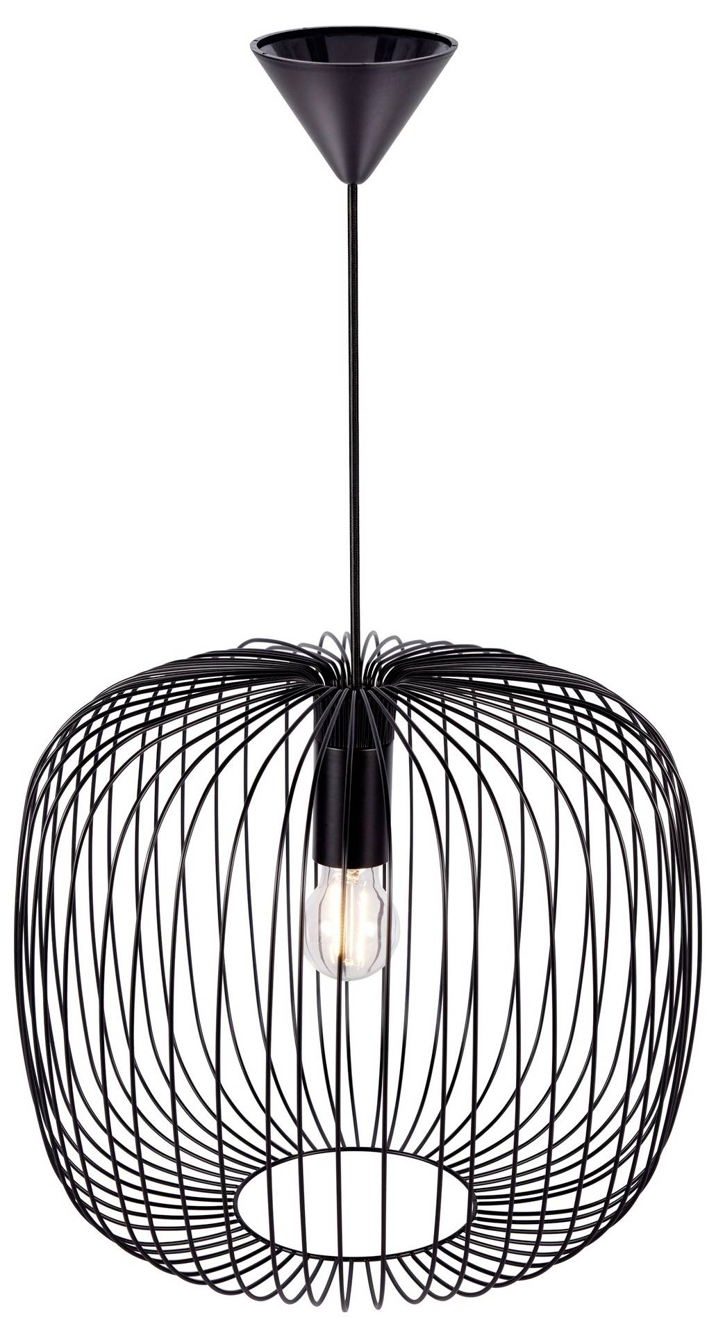 Eine schwarze Drahtkäfig-Pendelleuchte hängt von der Decke herab und umschließt eine einzelne leuchtende Glühbirne, wodurch eine moderne und industrielle Ästhetik entsteht.
