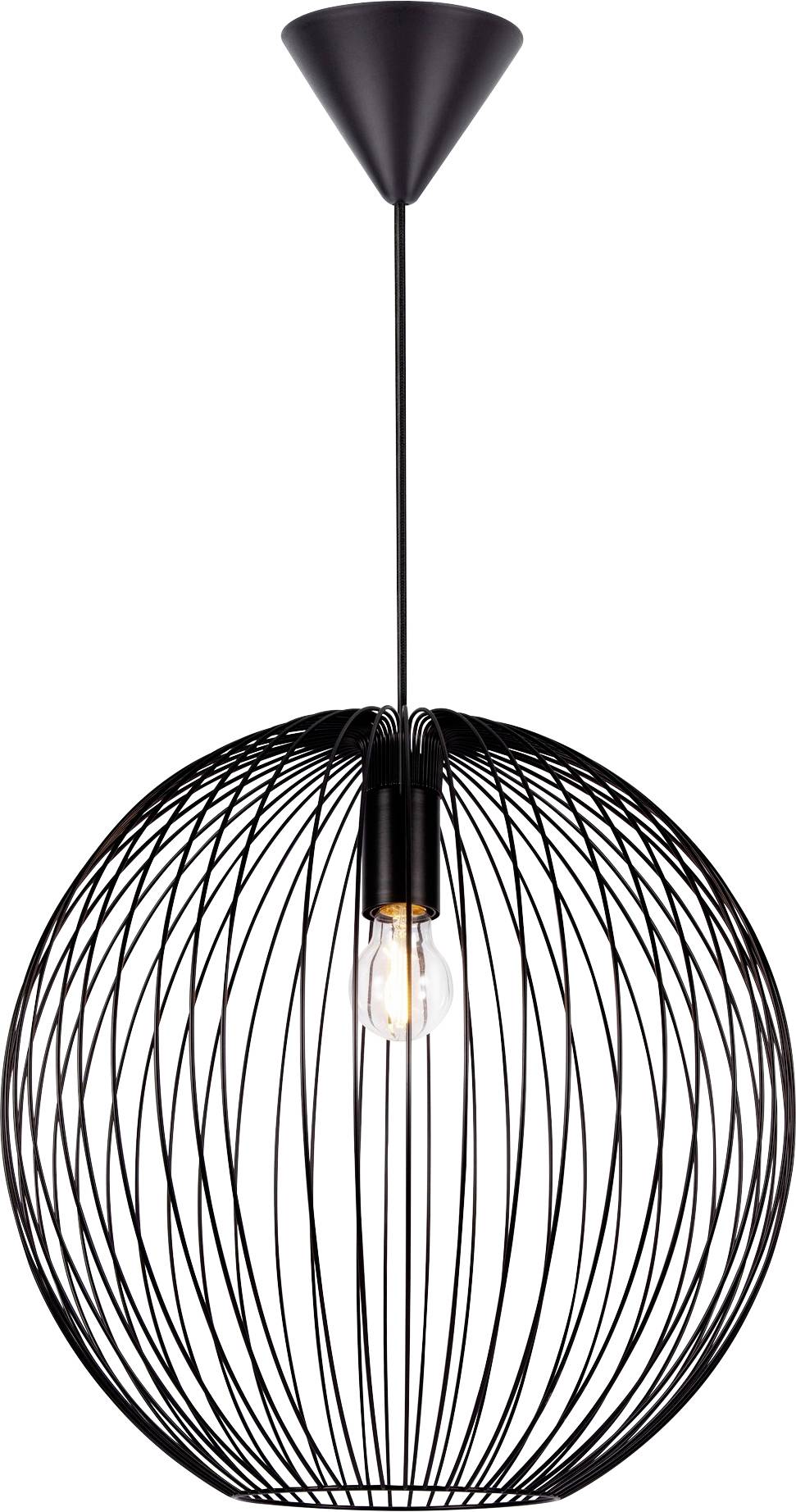 Eine moderne Pendelleuchte mit einer freigelegten Glühbirne, die in einem schwarzen, kugelförmigen Drahtgitterdesign eingehaust ist und an einem schwarzen Kabel hängt.