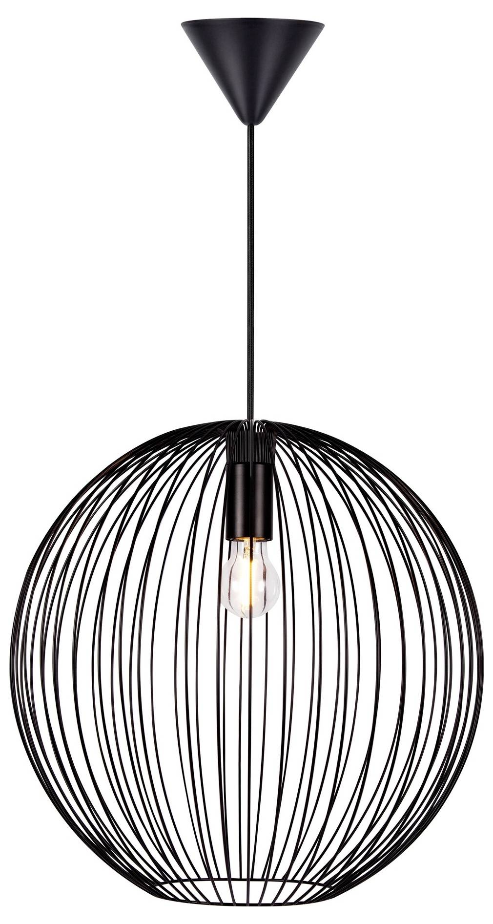 Eine moderne, schwarze Draht-Pendelleuchte mit sphärischem Design und einer freiliegenden Glühbirne, die von einer Deckenmontage hängt.