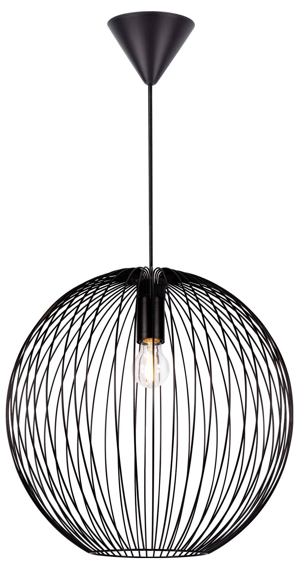 Eine moderne schwarze Pendelleuchte mit kugelförmigem Drahtgeflecht-Design und einer einzelnen freigelegten Glühbirne im Inneren, die von der Decke hängend.