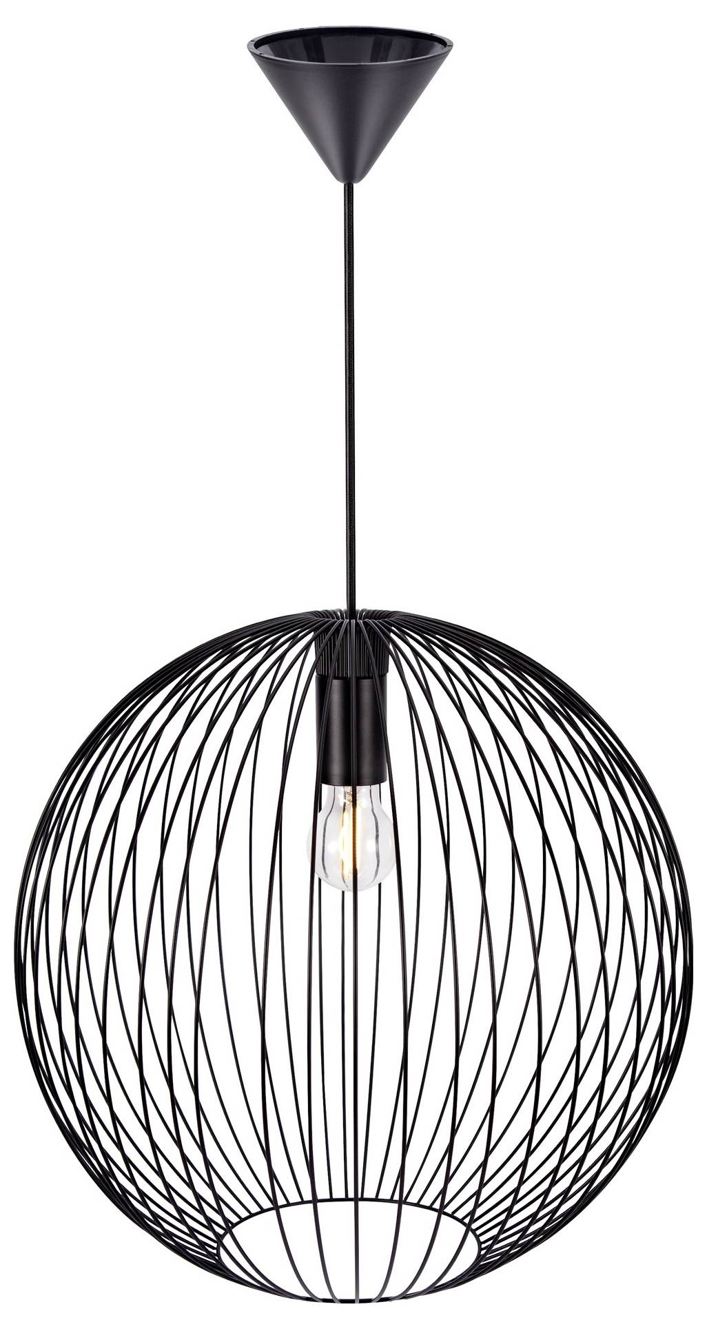 Eine moderne schwarze Metallpendelleuchte mit einem kugelförmigen Käfigdesign und einer freigelegten Glühbirne hängt von der Decke herab.