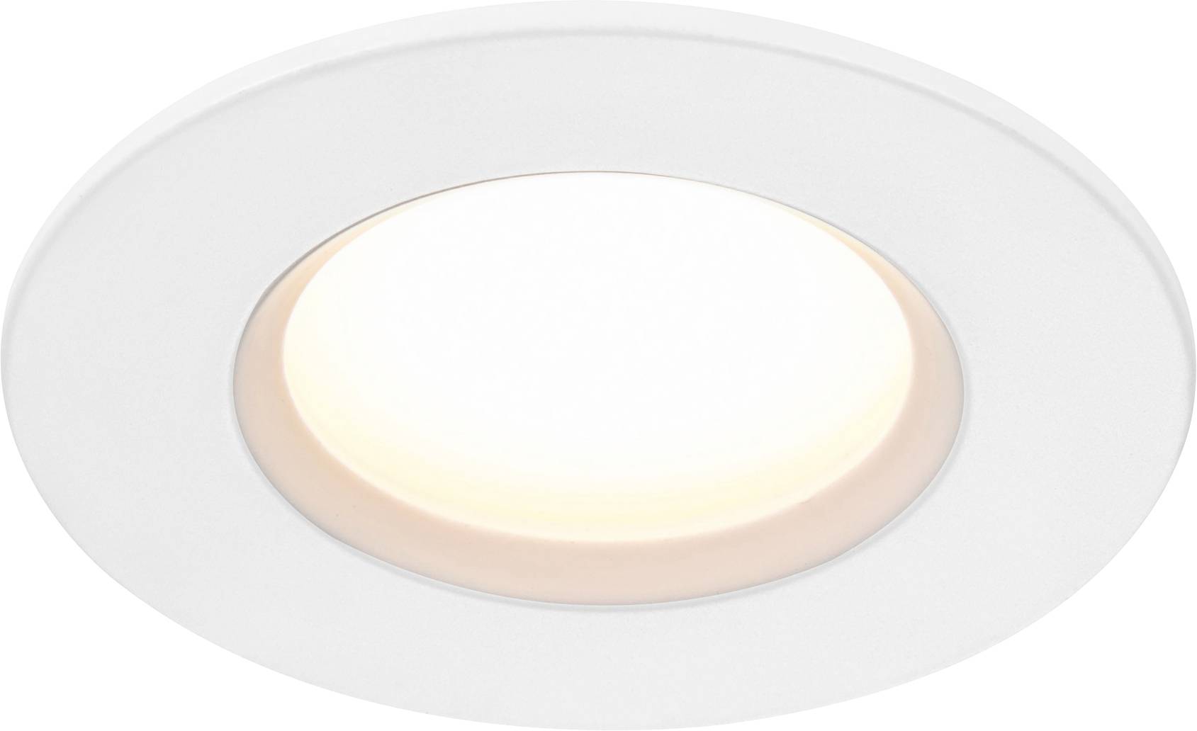 Ein weißes kreisförmiges Einbau-Deckenleuchte mit einem leuchtenden, glühenden Zentrum.