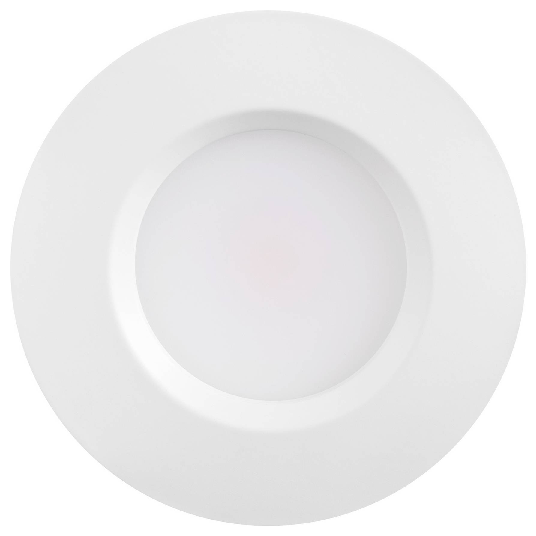 Ein rundes weißes LED-Deckenleuchte mit leuchtendem Zentrum vor einem einfachen Hintergrund positioniert.