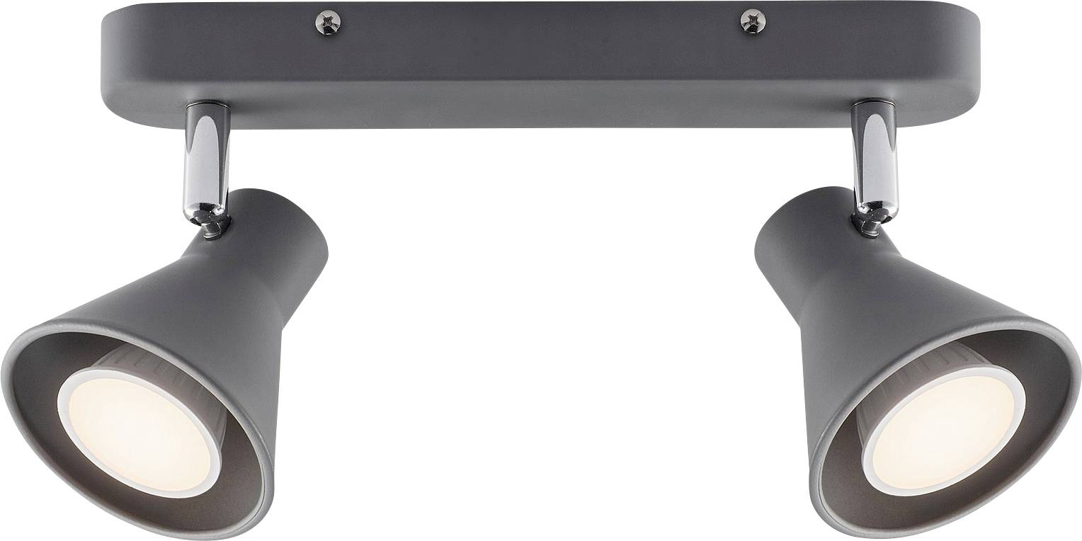 Ein modernes schwarzes Metallmaterial mit doppeltem Scheinwerferlicht mit kegelförmigen Leuchten, die ein warmes Glühen ausstrahlen, montiert auf einer rechteckigen Basis.