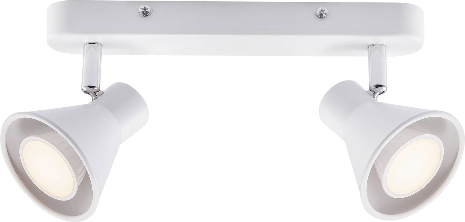 An der Decke montierte Doppel-Weiß-Spotleuchte mit verstellbaren Köpfen für gerichtete Beleuchtung.