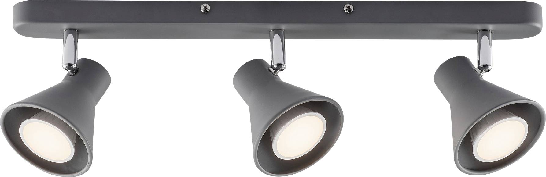 Drei moderne Spotlightleuchten auf einer rechteckigen Basis montiert, jede mit einem schwarzen kegelförmigen Schirm.