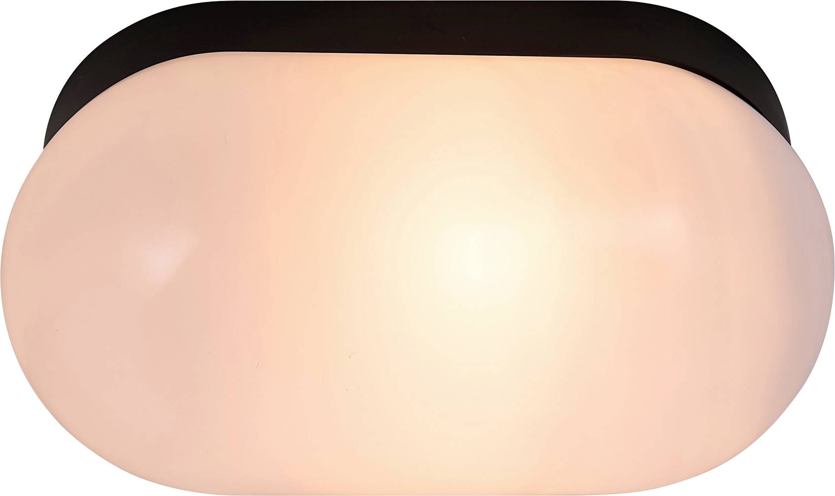 Ovales Deckenleuchte mit sanftem weiß glühenden Licht, montiert auf dunkel gefärbtem Sockel.