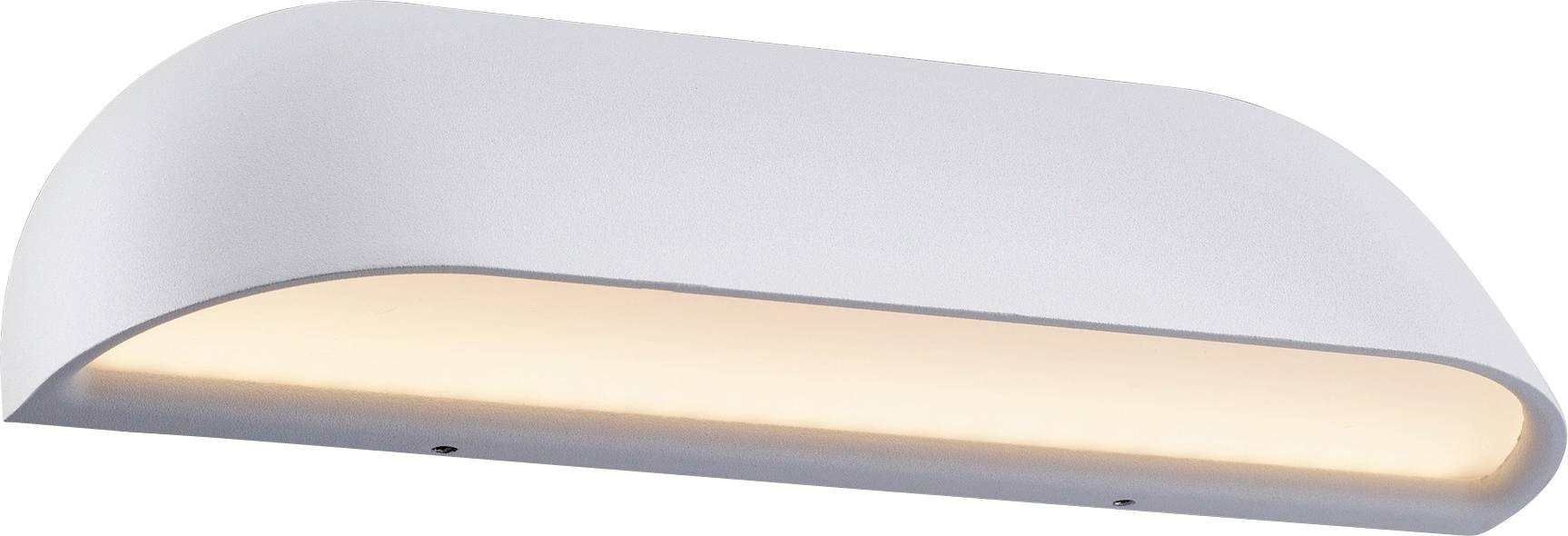 Eine weiße, moderne Wandleuchte mit minimalistischem Design strahlt von ihrer Unterseite aus warmes, weiches Licht aus.