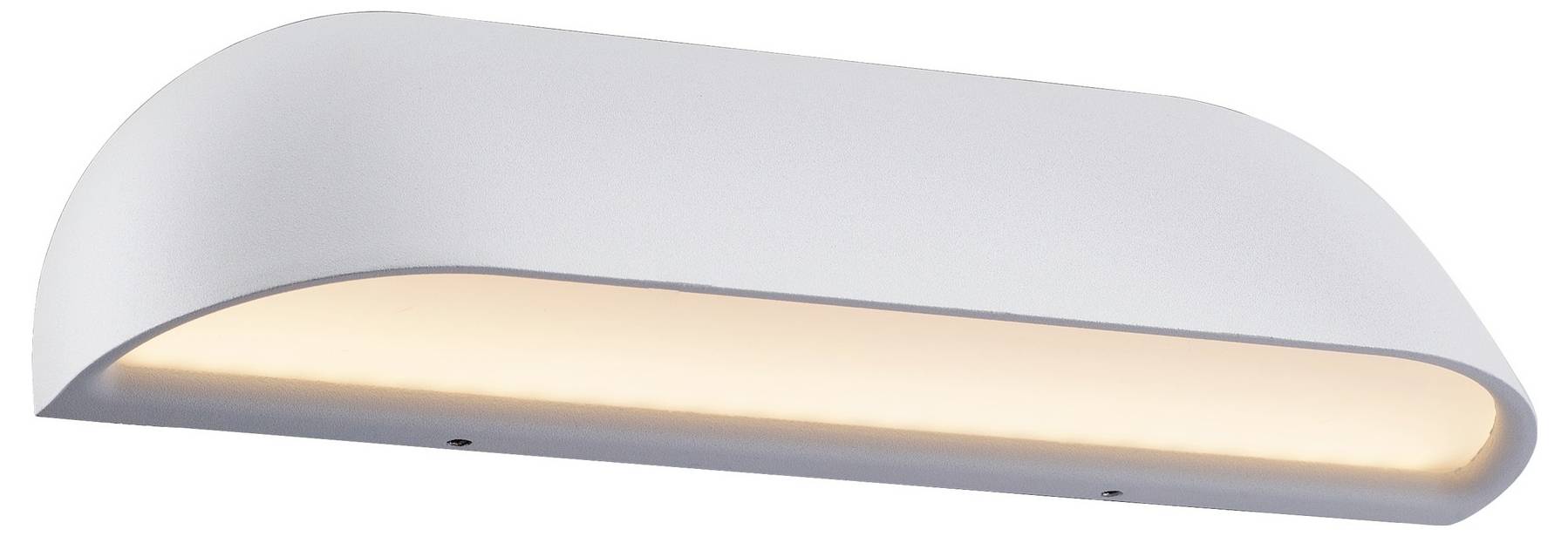 Eine schlanke, moderne wandmontierte weiße Leuchte strahlt ein warmes Licht aus und eignet sich hervorragend für indirekte Innenraumbeleuchtung.