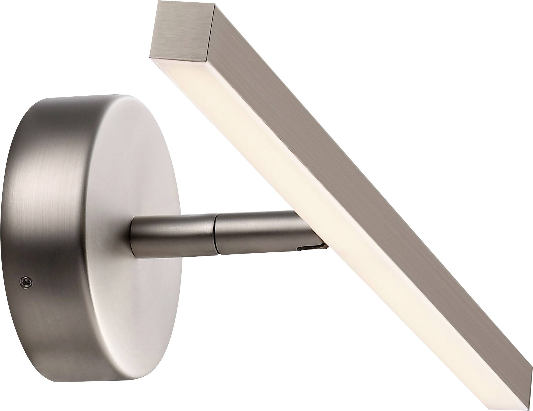 Ein schlankes, modernes, an der Wand montiertes LED-Leuchten-Befestigungselement mit gebürsteter Metalloberfläche und rechteckiger Leuchtleiste mit nach vorne geneigtem Winkel.