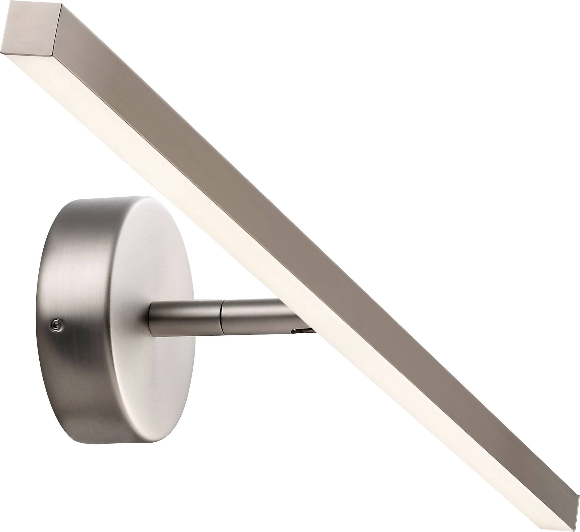 Wandmontierte LED-Leuchte mit schlankem, kantigem Design und metallischer Oberfläche, die diagonal von einer kreisförmigen Basis ausgeht.