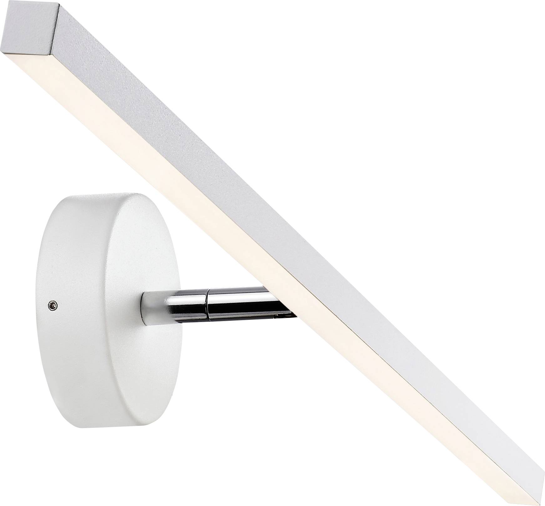 Eine elegante, moderne LED-Wandleuchte aus Silber mit eckiger Formgebung auf einer runden Basis montiert.