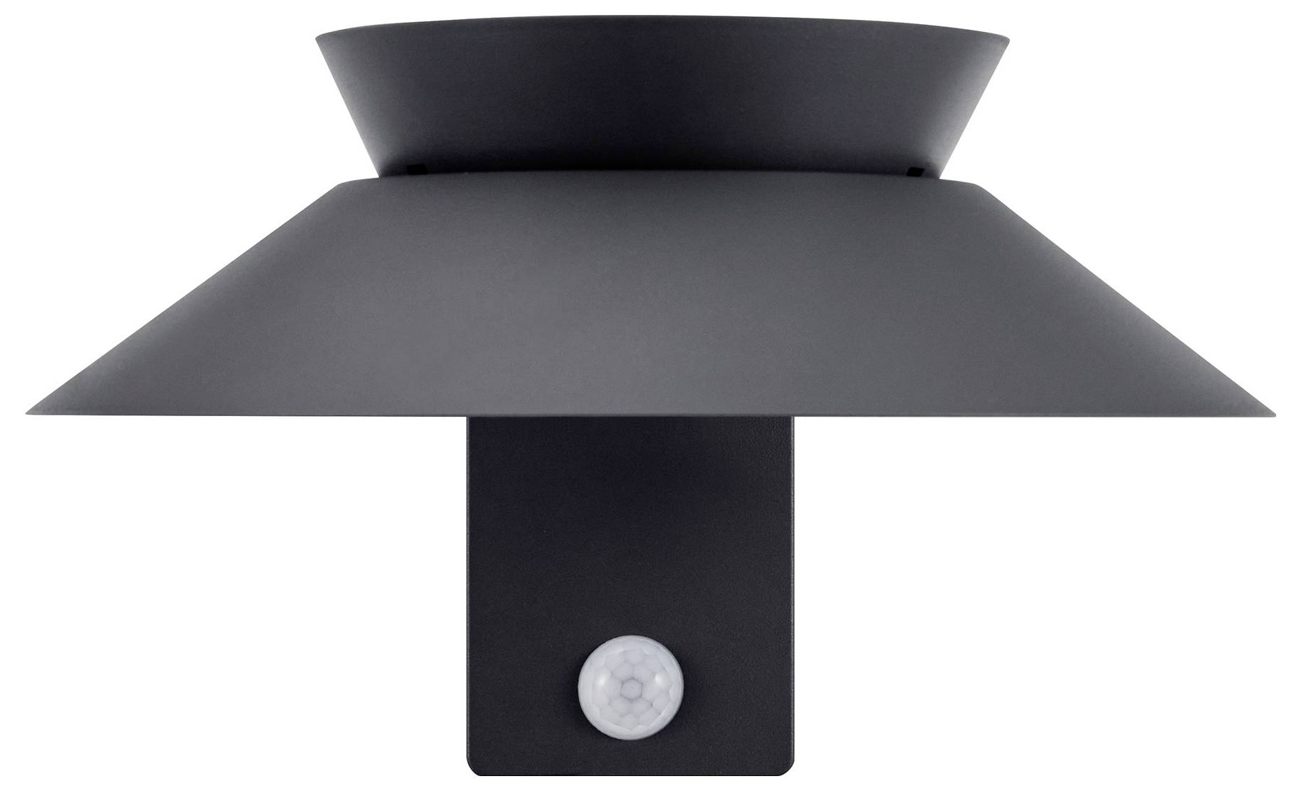 Eine moderne schwarze Außenwandleuchte mit einem breiten kegelförmigen Schirm und einem Bewegungsmelder an der Basis.